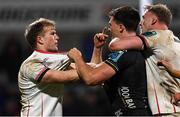 14 April 2023; Stewart Moore of Ulster and Jared Rosser of Dragons tussle during the United Rugby Championship match between Ulster and Dragons at the Kingspan Stadium in Belfast. Photo by Ramsey Cardy/Sportsfile
