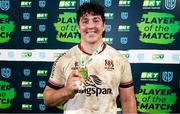 14 April 2023; Tom Stewart of Ulster with his player of the match award after the United Rugby Championship match between Ulster and Dragons at the Kingspan Stadium in Belfast. Photo by John Dickson/Sportsfile