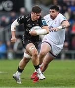 14 April 2023; Taine Basham of Dragons makes a break during the United Rugby Championship match between Ulster and Dragons at the Kingspan Stadium in Belfast. Photo by Ramsey Cardy/Sportsfile