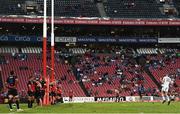 15 April 2023; Sam Prendergast of Leinster celebrates kicking the winning penalty during the United Rugby Championship match between Emirates Lions and Leinster at Emirates Airlines Park in Johannesburg, South Africa. Photo by Harry Murphy/Sportsfile
