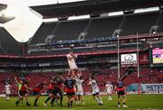 15 April 2023; Jason Jenkins of Leinster takes possession in a lineout during the United Rugby Championship match between Emirates Lions and Leinster at Emirates Airlines Park in Johannesburg, South Africa. Photo by Harry Murphy/Sportsfile