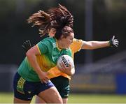 16 April 2023; Michelle Guckian of Leitrim in action against Aislinn Keenan of Antrim during the 2023 Lidl Ladies National Football League Division 4 Final match between Antrim and Leitrim at Parnell Park in Dublin. Photo by Piaras Ó Mídheach/Sportsfile