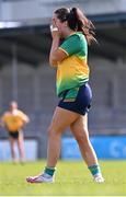 16 April 2023; Leah Fox of Leitrim reacts after kicking a first half penalty wide during the 2023 Lidl Ladies National Football League Division 4 Final match between Antrim and Leitrim at Parnell Park in Dublin. Photo by Piaras Ó Mídheach/Sportsfile