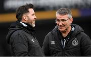31 March 2023; Shamrock Rovers manager Stephen Bradley, left, and Shamrock Rovers kitman Gerry Byrne before the SSE Airtricity Men's Premier Division match between Dundalk and Shamrock Rovers at Oriel Park in Dundalk, Louth. Photo by Ramsey Cardy/Sportsfile