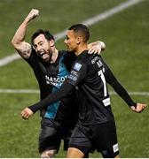 31 March 2023; Graham Burke of Shamrock Rovers, right, celebrates with team mate Richie Towell after he scored their side's fourth goal during the SSE Airtricity Men's Premier Division match between Dundalk and Shamrock Rovers at Oriel Park in Dundalk, Louth. Photo by Ramsey Cardy/Sportsfile