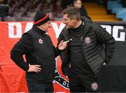 21 April 2023; Bohemians supporter Davy Keogh with manager Declan Devine, right, before the SSE Airtricity Men's Premier Division match between Drogheda United and Bohemians at Weaver's Park in Drogheda, Louth. Photo by Stephen McCarthy/Sportsfile