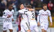 21 April 2023; Paddy Kirk, 3, of Bohemians celebrates with team-mates including John O’Sullivan, left, after scoring their side's first goal during the SSE Airtricity Men's Premier Division match between Drogheda United and Bohemians at Weaver's Park in Drogheda, Louth. Photo by Stephen McCarthy/Sportsfile