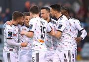 21 April 2023; Paddy Kirk, second from left, celebrates with Bohemians team-mates after scoring their side's first goal during the SSE Airtricity Men's Premier Division match between Drogheda United and Bohemians at Weaver's Park in Drogheda, Louth. Photo by Stephen McCarthy/Sportsfile