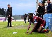 21 April 2023; Bohemians manager Declan Devine and Emmanuel Adegboyega of Drogheda United during the SSE Airtricity Men's Premier Division match between Drogheda United and Bohemians at Weaver's Park in Drogheda, Louth. Photo by Stephen McCarthy/Sportsfile