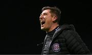 21 April 2023; Bohemians manager Declan Devine celebrates after the SSE Airtricity Men's Premier Division match between Drogheda United and Bohemians at Weaver's Park in Drogheda, Louth. Photo by Stephen McCarthy/Sportsfile