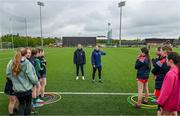 22 April 2023; LGFA Gaelic4Teens ambassador Sinead Delahunty, right, and Tipperary ladies footballer Kate Davey during the 2023 ZuCar Gaelic4Teens Festival Day at the GAA National Games Development Centre in Abbotstown, Dublin. Photo by Ben McShane/Sportsfile