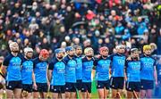22 April 2023; The Dublin team during the playing of the National Anthem before the Leinster GAA Hurling Senior Championship Round 1 match between Antrim and Dublin at Corrigan Park in Belfast. Photo by Ramsey Cardy/Sportsfile