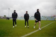 22 April 2023; Clare players, from left, David Sexton, Gavin Cooney and Dermot Coughlan inspect the pitch the Munster GAA Football Senior Championship Semi-Final match between Limerick and Clare at TUS Gaelic Grounds in Limerick. Photo by Tom Beary/Sportsfile