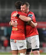 22 April 2023; Peter O'Mahony, right, and Antoine Frisch of Munster after the United Rugby Championship match between Cell C Sharks and Munster at Hollywoodbets Kings Park Stadium in Durban, South Africa. Photo by Darren Stewart/Sportsfile