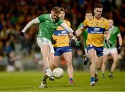 22 April 2023; Brian Donovan of Limerick takes a shot at goal during the Munster GAA Football Senior Championship Semi-Final match between Limerick and Clare at TUS Gaelic Grounds in Limerick. Photo by Tom Beary/Sportsfile