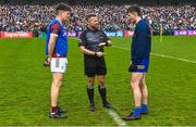 23 April 2023; Referee David Gough with team captains Seán Kelly of Galway, left, and Brian Stack of Roscommon before the Connacht GAA Football Senior Championship Semi-Final match between Roscommon and Galway at Dr Hyde Park in Roscommon. Photo by Seb Daly/Sportsfile
