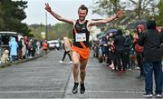23 April 2023; Jayme Rossiter of Clonliffe Harriers AC, celebrates after winning the senior men's event during the 123.ie National Road Relay Championships at Raheny in Dublin. Photo by Sam Barnes/Sportsfile
