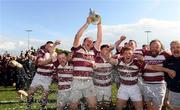 23 April 2023; Tullow RFC captain Scott Calbeck lifts the cup alongside his teammates after the Bank of Ireland Provincial Towns Cup Final between Tullow RFC and Kilkenny RFC at Athy Rugby Football Club in Kildare. Photo by Matt Browne/Sportsfile