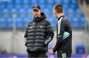 24 April 2023; Head coach Leo Cullen, left, in conversation with Sam Prendergast during a Leinster Rugby squad training session at Energia Park in Dublin. Photo by Ramsey Cardy/Sportsfile