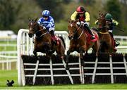 25 April 2023; Shecouldbeanything, with Jordan Gainford up, right, jumps the last ahead of eventual fourth placed Still Ciel, with Shane Fitzgerald up, on their way to winning the Howden Insurance Brokers Mares Novice Hurdle during day one of the Punchestown Festival at Punchestown Racecourse in Kildare. Photo by Harry Murphy/Sportsfile