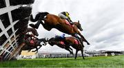 25 April 2023; Shecouldbeanything, with Jordan Gainford up, jumps the last, first time round, on their way to winning the Howden Insurance Brokers Mares Novice Hurdle during day one of the Punchestown Festival at Punchestown Racecourse in Kildare. Photo by Harry Murphy/Sportsfile