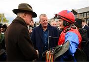 25 April 2023; Trainer Willie Mullins speaks to jockey Paul Townend after sending out Facile Vega to win the KPMG Champion Novice Hurdle during day one of the Punchestown Festival at Punchestown Racecourse in Kildare. Photo by Harry Murphy/Sportsfile