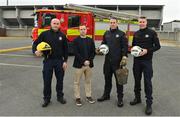 27 April 2023; League of Ireland and Dublin Fire Department have launched an anti-pyro campaign, against the use of pyrotechnics in stadiums. In attendance at the launch at Tallaght Stadium in Dublin are League of Ireland director Mark Scanlon, second from left, with members of the Dublin Fire Department, and former League of Ireland players, from left, Alan Keane, Darren Quigley and Shaun Maher. Photo by Seb Daly/Sportsfile