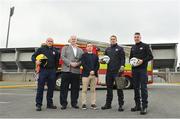 27 April 2023; League of Ireland and Dublin Fire Department have launched an anti-pyro campaign, against the use of pyrotechnics in stadiums. In attendance at the launch at Tallaght Stadium in Dublin are FAI chief stadim doctor Mick Molloy, second from left, League of Ireland director Mark Scanlon, centre, with members of the Dublin Fire Department, and former League of Ireland players, from left, Alan Keane, Darren Quigley and Shaun Maher. Photo by Seb Daly/Sportsfile