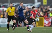 28 April 2023; Chris Forrester of St Patrick's Athletic in action against Adam O'Reilly of Derry City during the SSE Airtricity Men's Premier Division match between Derry City and St Patrick's Athletic at The Ryan McBride Brandywell Stadium in Derry. Photo by Ramsey Cardy/Sportsfile