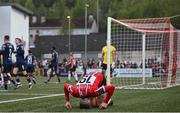 28 April 2023; Ryan Graydon of Derry City reacts to a missed goal chance during the SSE Airtricity Men's Premier Division match between Derry City and St Patrick's Athletic at The Ryan McBride Brandywell Stadium in Derry. Photo by Ramsey Cardy/Sportsfile