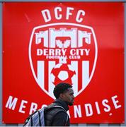 28 April 2023; Sadou Diallo of Derry City before the SSE Airtricity Men's Premier Division match between Derry City and St Patrick's Athletic at The Ryan McBride Brandywell Stadium in Derry. Photo by Ramsey Cardy/Sportsfile