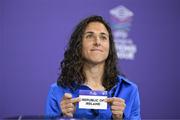 2 May 2023; Special guest Vero Boquete draws out the card of Republic of Ireland during the UEFA Women's Nations League 2023/24 Phase Draw at the UEFA Headquarters, The House of the European Football, in Nyon, Switzerland. Photo by Kristian Skeie/UEFA via Sportsfile