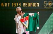 5 May 2023; Kathleen Ramsbottom poses for a portrait with one of her playing jerseys and a match pennant from 1973 during a reunion of the 1973 Republic of Ireland women's national team at The Westin Hotel in Dublin. The players & officials from the team who beat Wales away in the first ever Republic of Ireland WNT competitive fixture were joined by the players from the first ever official home game, against Northern Ireland, at a special event in Dublin as part of the FAI's 50-Year Celebrations of Women and Girls' Football. This event follows on from the announcement that every player to feature for the WNT in an official game from 1973-2023 will receive a one-off commemorative cap later this year. Photo by Brendan Moran/Sportsfile