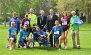 9 May 2023; At the launch of the 2023 Irish Life Dublin Marathon in Merrion Square, Dublin, are, back from left, Mary Hickey, the only women to have run every Dublin marathon since 1980, Sinead and Keith Tighe and their son Daniel of Daniel’s Voyage, Race director Jim Aughney, Minister of State for Sport and Physical Education, Thomas Byrne TD, Front Runners athletic club member Gillian Callaghan and Olympic medallist John Treacy, who was announced as the official race starter for the 2023 Irish Life Dublin Marathon, with front, from left, national marathon champion Courtney McGuire, Front Runners athletic club member Gabriel Coleman and national marathon champion Martin Hoare. Photo by Brendan Moran/Sportsfile