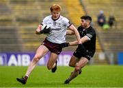 7 May 2023; Peter Cooke of Galway in action against Nathan Mullen of Sligo during the Connacht GAA Football Senior Championship Final match between Sligo and Galway at Hastings Insurance MacHale Park in Castlebar, Mayo. Photo by Brendan Moran/Sportsfile