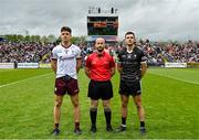 7 May 2023; Referee Brendan Cawley with team captains Seán Kelly, left, and Niall Murphy of Sligo before the Connacht GAA Football Senior Championship Final match between Sligo and Galway at Hastings Insurance MacHale Park in Castlebar, Mayo. Photo by Brendan Moran/Sportsfile