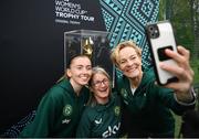 10 May 2023; Republic of Ireland manager Vera Pauw, right, former Republic of Ireland international Olivia O'Toole and Republic of Ireland international Abbie Larkin, left, take a photograph with the FIFA Women’s World Cup trophy during a grassroots girls schools blitz, part of the FIFA Women’s World Cup Trophy Tour in Dublin, at Irishtown Stadium in Dublin. The FIFA Women’s World Cup Trophy Tour began in February and is visiting all 32 of the tournament’s participating nations – more countries than ever before! The tour is ‘Going Beyond’ to inspire people of all ages to get excited about the FIFA Women’s World Cup Australia & New Zealand 2023. Photo by Stephen McCarthy/Sportsfile