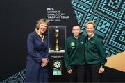 10 May 2023; Labour Party leader Ivana Bacik with Republic of Ireland international Abbie Larkin and Republic of Ireland manager Vera Pauw during a grassroots girls schools blitz, part of the FIFA Women’s World Cup Trophy Tour in Dublin, at Irishtown Stadium in Dublin. The FIFA Women’s World Cup Trophy Tour began in February and is visiting all 32 of the tournament’s participating nations – more countries than ever before! The tour is ‘Going Beyond’ to inspire people of all ages to get excited about the FIFA Women’s World Cup Australia & New Zealand 2023. Photo by Stephen McCarthy/Sportsfile