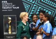 10 May 2023; Republic of Ireland manager Vera Pauw with participants from Divine Mercy Senior National School Balgaddy during a grassroots girls schools blitz, part of the FIFA Women’s World Cup Trophy Tour in Dublin, at Irishtown Stadium in Dublin. The FIFA Women’s World Cup Trophy Tour began in February and is visiting all 32 of the tournament’s participating nations – more countries than ever before! The tour is ‘Going Beyond’ to inspire people of all ages to get excited about the FIFA Women’s World Cup Australia & New Zealand 2023. Photo by Stephen McCarthy/Sportsfile