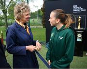 10 May 2023; Labour Party leader Ivana Bacik and Republic of Ireland international Abbie Larkin during a grassroots girls schools blitz, part of the FIFA Women’s World Cup Trophy Tour in Dublin, at Irishtown Stadium in Dublin. The FIFA Women’s World Cup Trophy Tour began in February and is visiting all 32 of the tournament’s participating nations – more countries than ever before! The tour is ‘Going Beyond’ to inspire people of all ages to get excited about the FIFA Women’s World Cup Australia & New Zealand 2023. Photo by Stephen McCarthy/Sportsfile