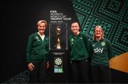 10 May 2023; Republic of Ireland manager Vera Pauw, left, Republic of Ireland international Abbie Larkin and former Republic of Ireland international Olivia O'Toole, right, with the FIFA Women’s World Cup trophy, part of the FIFA Women’s World Cup Trophy Tour in Dublin, at The Mansion House. The FIFA Women’s World Cup Trophy Tour began in February and is visiting all 32 of the tournament’s participating nations – more countries than ever before! The tour is ‘Going Beyond’ to inspire people of all ages to get excited about the FIFA Women’s World Cup Australia & New Zealand 2023. Photo by Stephen McCarthy/Sportsfile