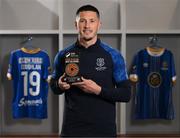 11 May 2023; Ronan Coughlan of Waterford with his award for the SSE Airtricity / SWI Player of the Month for April 2023 at the Waterford Regional Sports Centre. Photo by Stephen McCarthy/Sportsfile