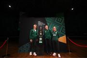 10 May 2023; Republic of Ireland manager Vera Pauw, left, Republic of Ireland international Abbie Larkin and former Republic of Ireland international Olivia O'Toole, right, with the FIFA Women’s World Cup trophy, part of the FIFA Women’s World Cup Trophy Tour in Dublin, at The Mansion House. The FIFA Women’s World Cup Trophy Tour began in February and is visiting all 32 of the tournament’s participating nations – more countries than ever before! The tour is ‘Going Beyond’ to inspire people of all ages to get excited about the FIFA Women’s World Cup Australia & New Zealand 2023. Photo by Stephen McCarthy/Sportsfile