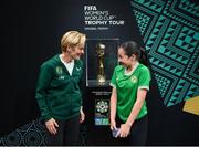 10 May 2023; Republic of Ireland manager Vera Pauw and supporter Ellie Bohanna, age 13, from Phibsborough, Dublin, with the FIFA Women’s World Cup trophy, part of the FIFA Women’s World Cup Trophy Tour in Dublin, at The Mansion House. The FIFA Women’s World Cup Trophy Tour began in February and is visiting all 32 of the tournament’s participating nations – more countries than ever before! The tour is ‘Going Beyond’ to inspire people of all ages to get excited about the FIFA Women’s World Cup Australia & New Zealand 2023. Photo by Stephen McCarthy/Sportsfile