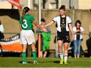 11 May 2023; Tessa Zimmerman of Germany and Lauryn McCabe of Republic of Ireland after the Women's U16 International Friendly match between Republic of Ireland and Germany at St Kevins FC in Dublin. Photo by Tyler Miller/Sportsfile