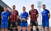 15 May 2023; Dublin Devils players, from left, Jamie Farrelly, Adam Kane, and Chris Ó Greacháin with Bohemians players Krystian Nowak, left, and Kris Twardek in attendance during the Bohemians v Dublin Devils - Pride of Dalymount Cup Announcement at Dalymount Park in Dublin. Photo by Ben McShane/Sportsfile