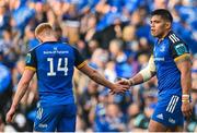 13 May 2023; Michael Ala'Alatoa, right, and Tommy O'Brien of Leinster during the United Rugby Championship Semi-Final match between Leinster and Munster at the Aviva Stadium in Dublin. Photo by Seb Daly/Sportsfile