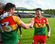 14 May 2023; Shane Clarke of Carlow, right, celebrates with Colm Hulton after their side's victory in the Tailteann Cup Group 3 Round 1 match between Wicklow and Carlow at Echelon Park in Aughrim, Wicklow. Photo by Tyler Miller/Sportsfile