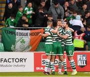 15 May 2023; Shamrock Rovers players celebrate after Lee Grace, centre, scored their side's first goal during the SSE Airtricity Men's Premier Division match between Shamrock Rovers and St Patrick's Athletic at Tallaght Stadium in Dublin. Photo by Stephen McCarthy/Sportsfile