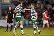 15 May 2023; Lee Grace, left, celebrates with Shamrock Rovers team-mate Jack Byrne after scoring their side's first goal during the SSE Airtricity Men's Premier Division match between Shamrock Rovers and St Patrick's Athletic at Tallaght Stadium in Dublin. Photo by Stephen McCarthy/Sportsfile